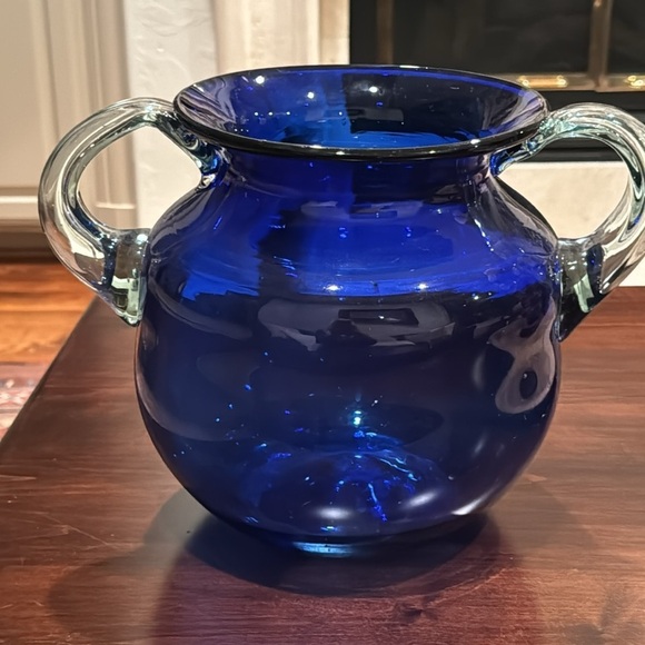 Large Hand Blown Round Cobalt Blue Glass Vase with Clear Handles Beautiful! - Picture 2 of 8